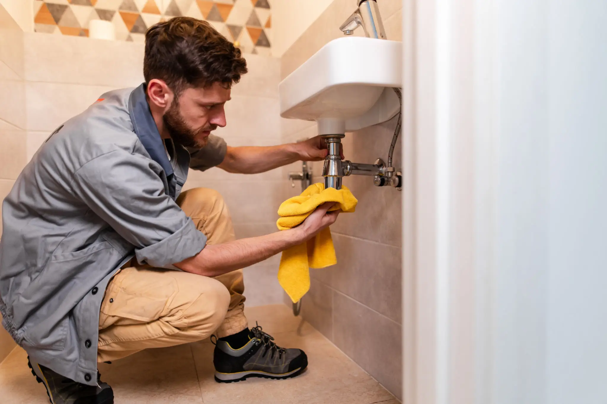 Man repairing under-sink plumbing
