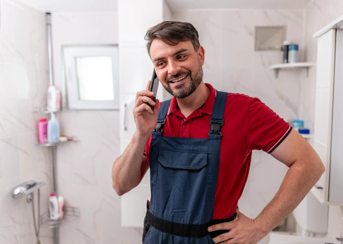 Man in overalls talking on phone, smiling.