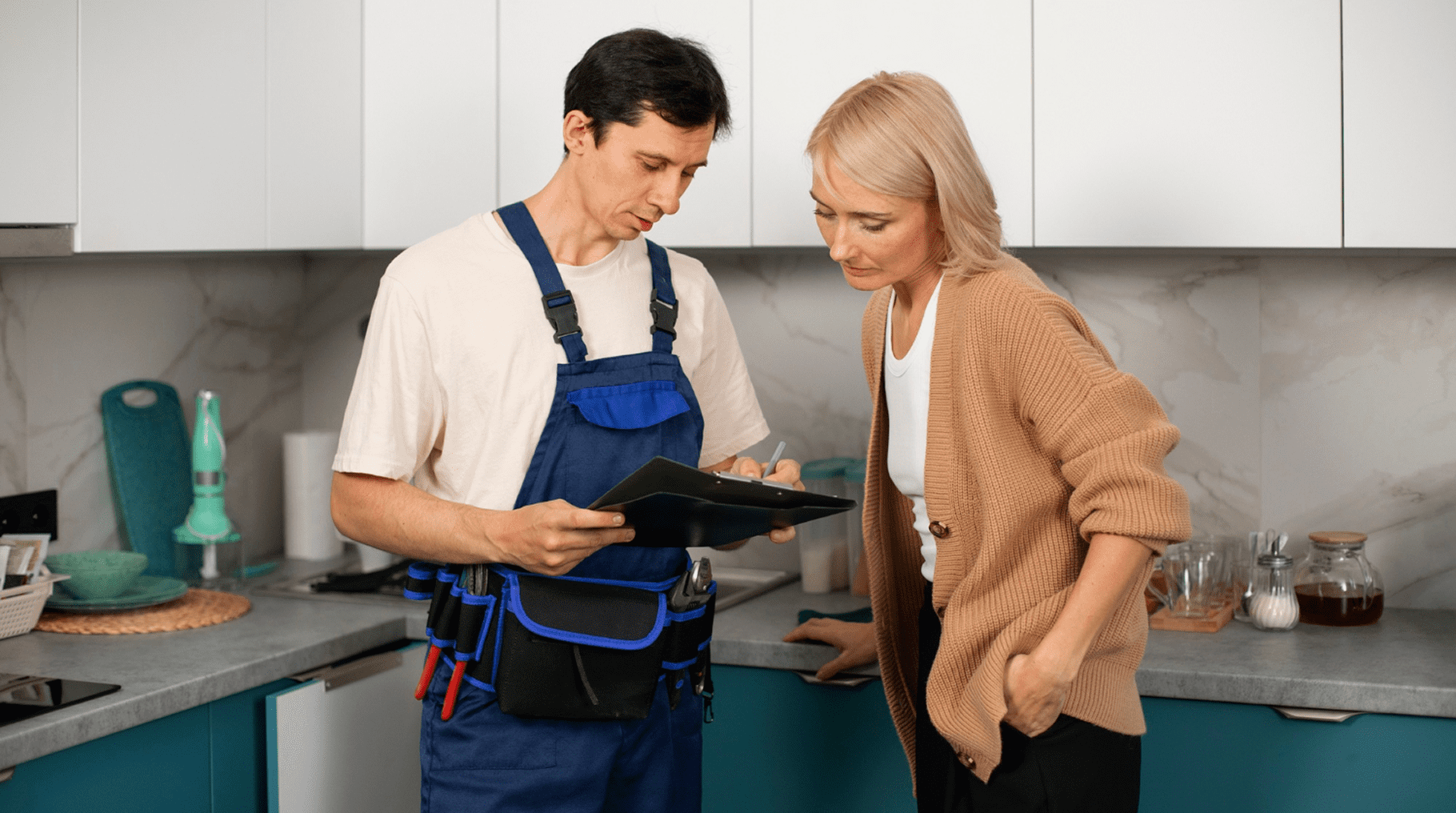 Repairman discussing with woman in kitchen.
