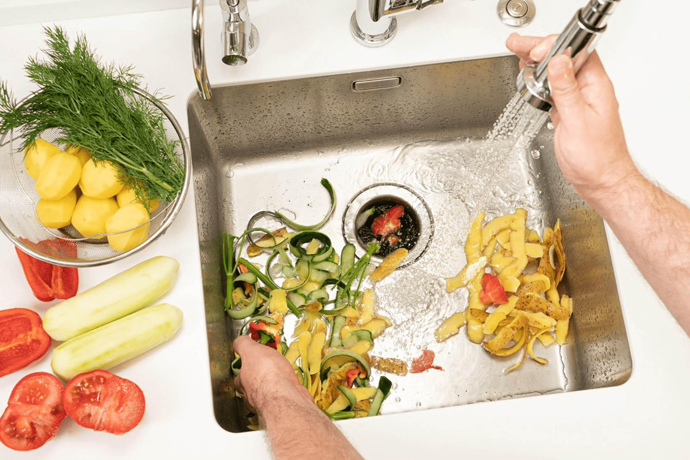 Washing vegetable peels in kitchen sink.